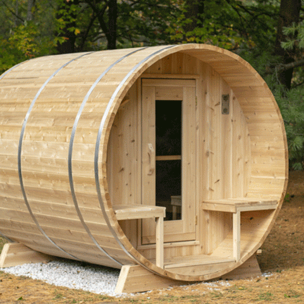 Barrel Sauna + Porch White Cedar - Ø 200 cm x L 245 cm