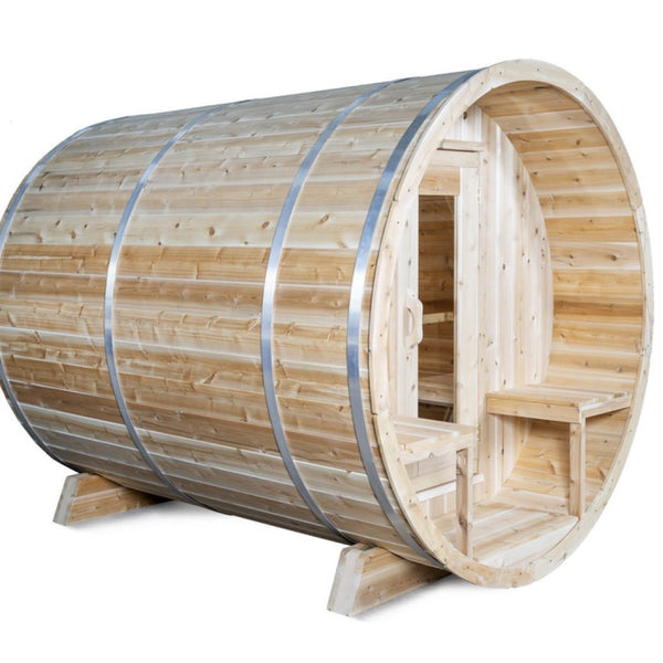 Barrel Sauna + Porch White Cedar - Ø 200 cm x L 245 cm