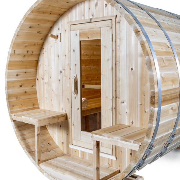 Barrel Sauna + Porch White Cedar - Ø 200 cm x L 245 cm