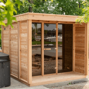 Pure Cube + Porch Outdoor Sauna Knotty Red Cedar 262 x 253