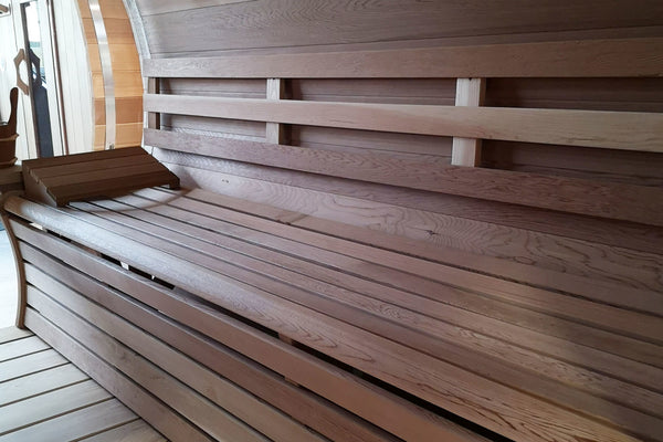 Barrel Sauna Knotty Red Cedar Ø 213 x L 310 cm  With Bevel Roof + Porch