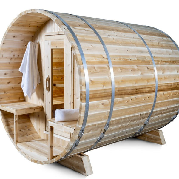 Barrel Sauna + Porch White Cedar - Ø 200 cm x L 245 cm