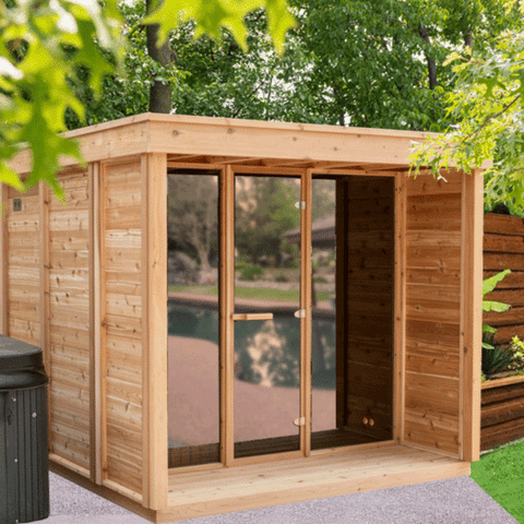 Pure Cube + Porch Outdoor Sauna Knotty Red Cedar 262 x 253