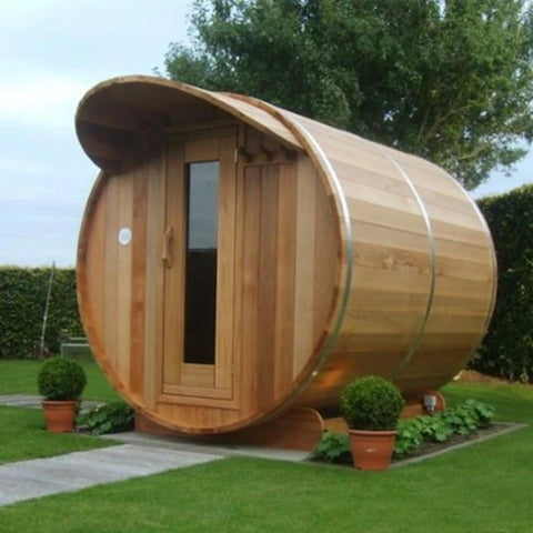 Dundalk Barrel Sauna with Overhang Cove - Knotty Red Cedar Package Deal