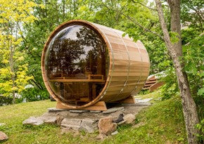 Panoramic View Barrel Sauna incl. Bevel Roof - Ø 213 x L 310 cm Knotty Red Cedar Package Deal